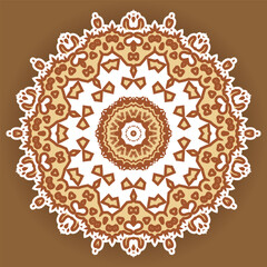 Monochrome openwork mandala in a brown and white palette. Round ornamental composition, decorative element. Version No. 4. Vector illustration