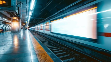 A high-speed train captured in motion blur as it departs from a modern urban subway station platform at night.