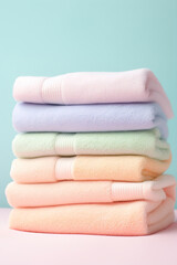 stock photo,Neat stack of folded pastel-colored towels. spring laundry, simple, feminine palette сreated with Generative Ai