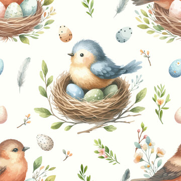 Watercolor seamless pattern with nest, birds, easter eggs and tree twigs.