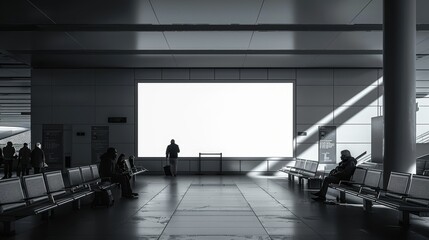 A black and white image of a quiet airport terminal, featuring silhouetted passengers waiting and dramatic light streaming through the windows.