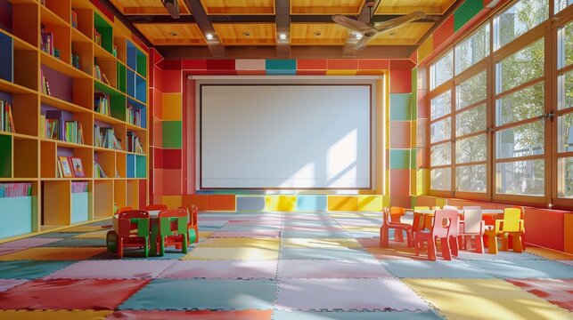 A vibrant and colorful children's library room filled with natural light, featuring a large window, colorful shelves, and small chairs.
