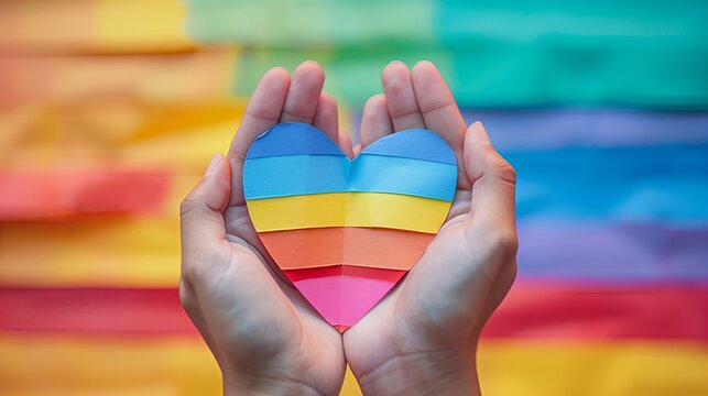 Hands hold heart in the colors of a rainbow. LGBT concept, Pride month. Top view, rainbow background