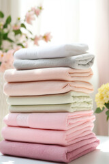 Fototapeta na wymiar stock photo,Neat stack of folded pastel-colored towels. spring laundry, simple, feminine palette сreated with Generative Ai