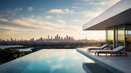 Fototapeta premium Stunning Miami Skyline View: Modern Villa with Private Rooftop Infinity Pool, Florida | Canon RF 50mm f/1.2L USM
