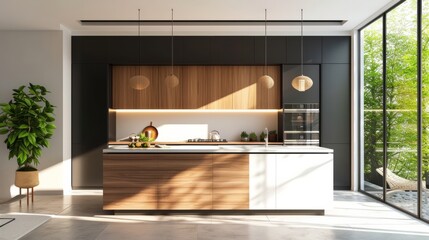 Modern minimalist kitchen in white colors with wooden walls, shelves,  with a large cooking area, kitchen island, table
