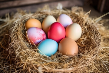Naklejka na ściany i meble Colorful Easter eggs nestled in straw nest