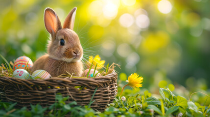 Cute Easter bunny sitting in a basket full of colorful Easter eggs among green grass and flowers, copy space on the right for your text