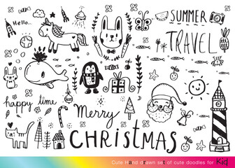 Collection of hand drawn cute doodles,Doodle children drawing,Sketch set of drawings in child style,Funny Doodle Hand Drawn,Page for coloring, cute animal