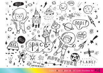 Hand drawn cute doodles cartoon set of space objects and symbols,Space ships, rockets, space shuttle, planets, flying saucers, astronauts etc