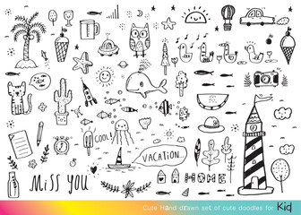 Obraz premium Collection of hand drawn cute doodles,Doodle children drawing,Sketch set of drawings in child style,Funny Doodle Hand Drawn,Page for coloring, cute animal