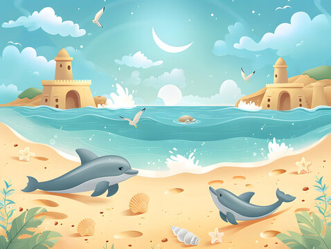 Whimsical Beach Scenes: Dolphins, Sandcastles, and Seashells