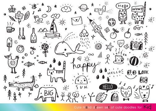 Collection of hand drawn cute doodles,Doodle children drawing,Sketch set of drawings in child style,Funny Doodle Hand Drawn,Page for coloring, cute animal