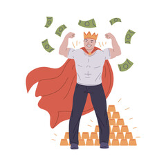 Successful strong superhero man with crown showing biceps muscles, proud of himself, money and gold achievement vector