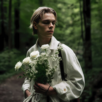 Junger Mann mit nachdenklicher Miene und einem wei&szlig;en Blumenstrau&szlig; im Wald