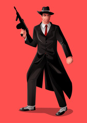 Illustration of a man holding machine gun, gangster, mobster, mafia theme, vector illustration
