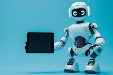Fototapeta premium A robot is holding a tablet in its hand. The robot is white and has a blue background. service robot shows a tablet with white copy space for mockup, solid blue background