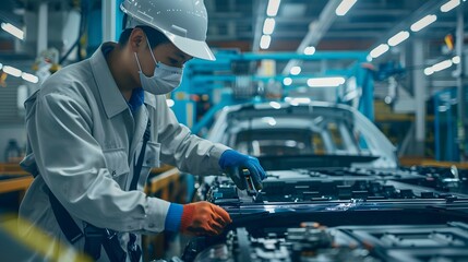 Chinese engineer working on EV car battery cells module in a electric vehicle factory