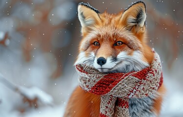 Adorable fox with a Christmas scarf against a background of a chilly forest