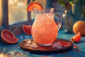 Vibrant and inviting image showcasing a freshly prepared orange drink in a glass pitcher with condensation and sliced fruit - obrazy, fototapety, plakaty