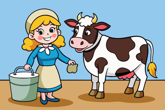 Thrush with her cow: vector illustration
