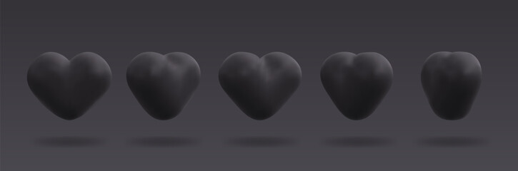 Black realistic hearts on dark background. Horizontal rotation of black heart for animation.