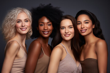 Obraz premium Portrait of four diverse women showcasing beauty and ethnic variety