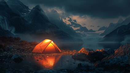 A glowing tent by a serene lake with mountains, reflecting the struggle and beauty of nature - obrazy, fototapety, plakaty