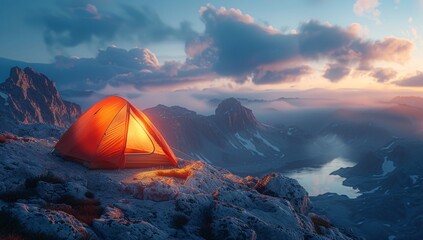 Warm light of a tent contrasts with the cold rugged beauty of twilight in mountains