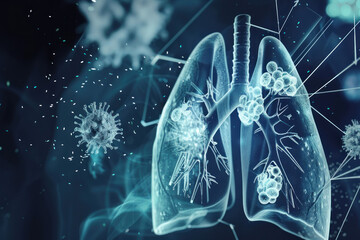 Disease Treatment. digital rendering of human lungs with visible virus and smoke, highlighting respiratory health and disease, world no tobacco day , surgery, laboratory, medical technology concept - obrazy, fototapety, plakaty