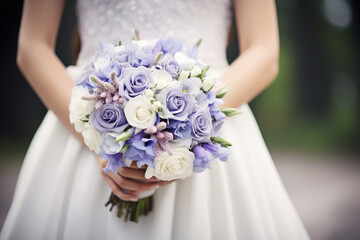A shot capturing the bride's bouquet alongside her elegant periwinkle gown wedding, simple composition сreated with Generative Ai