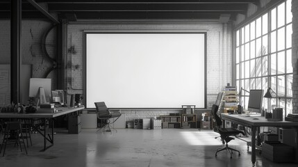 A spacious monochrome office setup showcasing a large blank screen, with a designer's desk and artistic elements in an industrial loft.