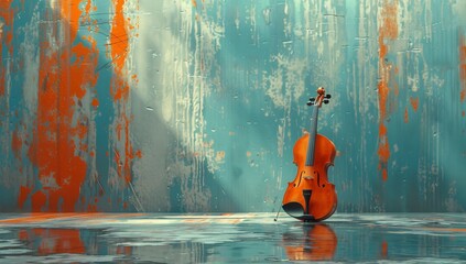 An isolated violin stands upright against a grungy metal wall with peeling paint