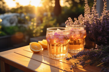 Two glasses of lemonade with lavender in a garden, golden hour. Summer concept with copy space 
