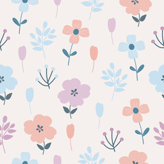 Seamless pattern with colorful flowers. Hand drawn floral pattern for your fabric, summer background, wallpaper, backdrop, textile, gift paper. Vector illustration