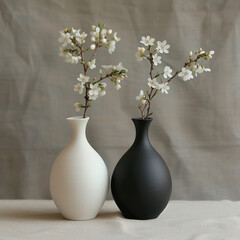 Black and white vase with a bouquet of flowers in it in minimalist design