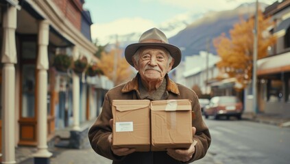 Senior holding packages in front of a street, in the style of rural life depictions, joyful and optimistic - obrazy, fototapety, plakaty