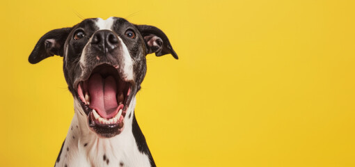 Happy funny excited little dog with long ears and wide open mouth on bright background	

