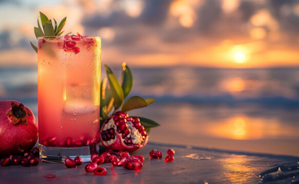 Pomegranate juice with fresh pomegranate fruits on sand overlooking a sunset tropical beach