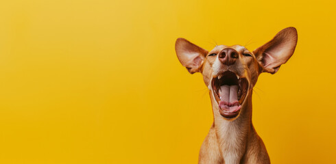 Happy funny excited little dog with long ears and wide open mouth on bright background	
