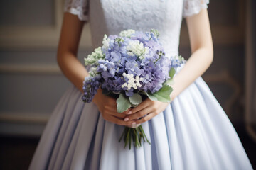 Obraz na płótnie Canvas A shot capturing the bride's bouquet alongside her elegant periwinkle gown wedding, simple composition сreated with Generative Ai