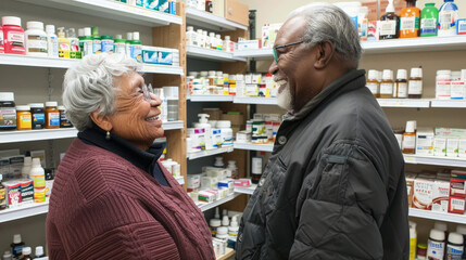 A joyful elderly couple shares a light-hearted moment among shelves stocked with health products