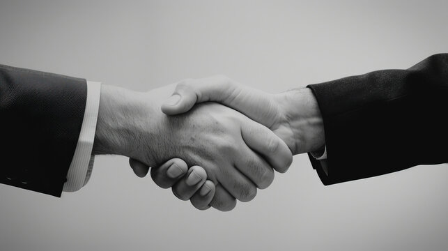Monochromatic image showing two men dressed in formal attire shaking hands in a classic black and white setting