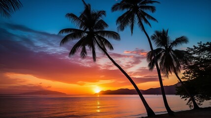 Fototapeta na wymiar Tropical Serenity: Silhouetted Palm Trees Embracing Sunrise or Sunset, Canon RF 50mm f/1.2L USM Capture