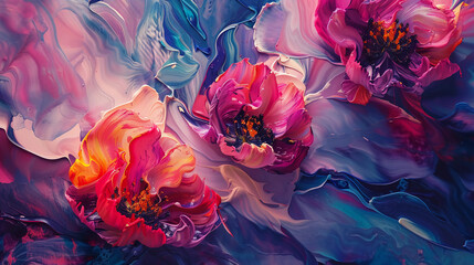 Fluid abstract expressionism, blooming flowers, Aesthetics colorful floral inspirational tenderness illustration, oil paint, Wall decorative photo, Generated AI.