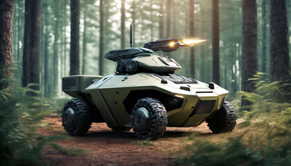 Unbemannte, militärische Boden - Drohne im Wald. Automatische Überwachung des Feindes.