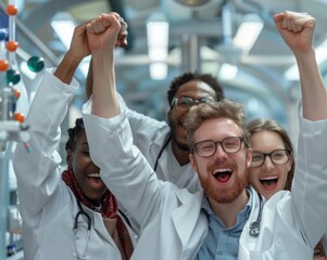 a medical research team celebrating a breakthrough capturing joy and teamwork in scientific discovery