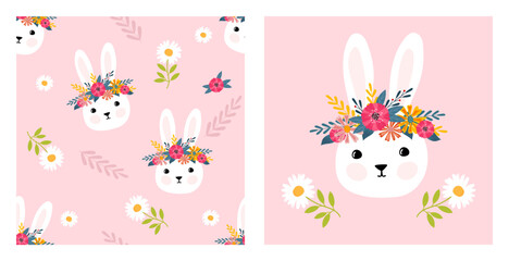 Obraz na płótnie Canvas cute bunny seamless pattern and camomile
