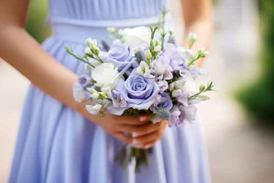 A shot capturing the bride's bouquet alongside her elegant periwinkle gown wedding, simple composition сreated with Generative Ai