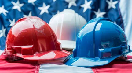 Labor Day, red white and blue hard helmets with american flag at the construction. Patriotic concept, horizontal background, work, work day, USA, America